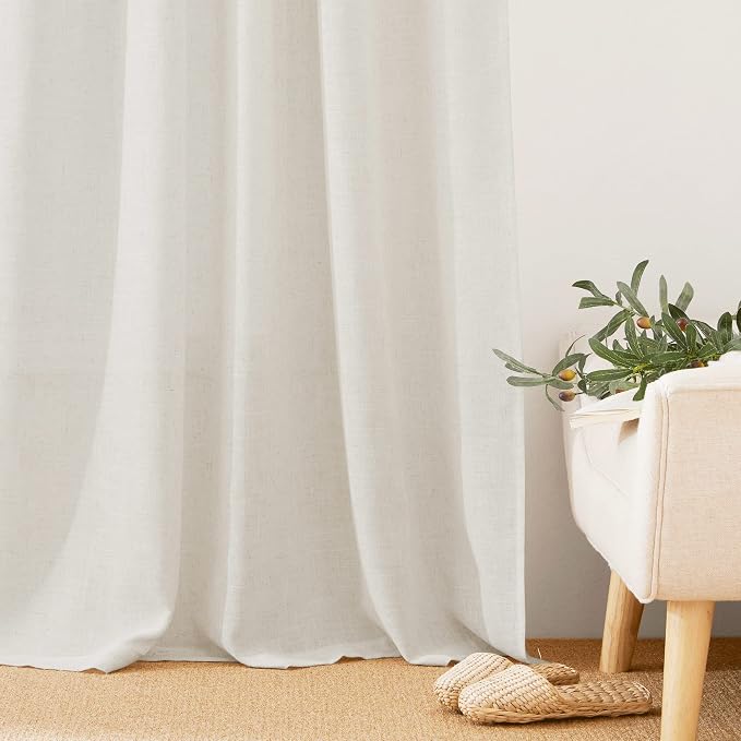RYB HOME 108 inch Curtains - Flax Linen Blend Semi Sheer Light Glare Filtering Extra Long Drapes for Living Room Dining Doorway Farmhouse Office Sunroom, Linen, Wide 52" by Long 108", 2 Panels