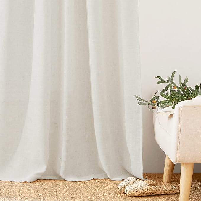 RYB HOME Semi Sheer Curtains - Linen Blend Privacy Curtains Sheer Window Treatment Drapes Farmhouse Decor for Bedroom Living Room Sliding Glass Door, 52 inch Wide x 95 inch Long 2 Panels, Linen