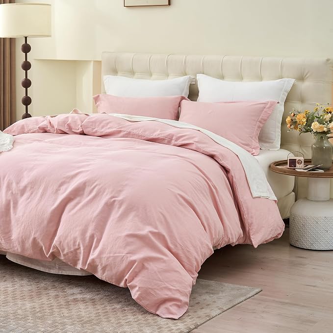 Simple&Opulence French Linen Duvet Cover Set 78" x 86"- 3 Pieces (1 Comforter Cover,2 Pillowcases)- Natural Flax Cotton Blend-Solid Color Breathable Farmhouse Bedding- Pale Pink, Full