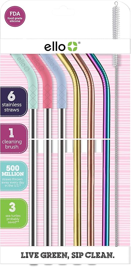 Ello Impact 6 Pack Reusable Metal Straws with Silicone Tips Made from Stainless Steel, Dishwasher Safe, BPA-Freewith Cleaning Brush, Summer Glow