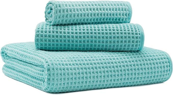 MICROFI Microfiber Waffle Bath Towels, 3 Pieces, Oversized, Soft, Absorbent, Fast Drying, Lint Free, Includes Bath, Face and Hand Towels 430 GSM