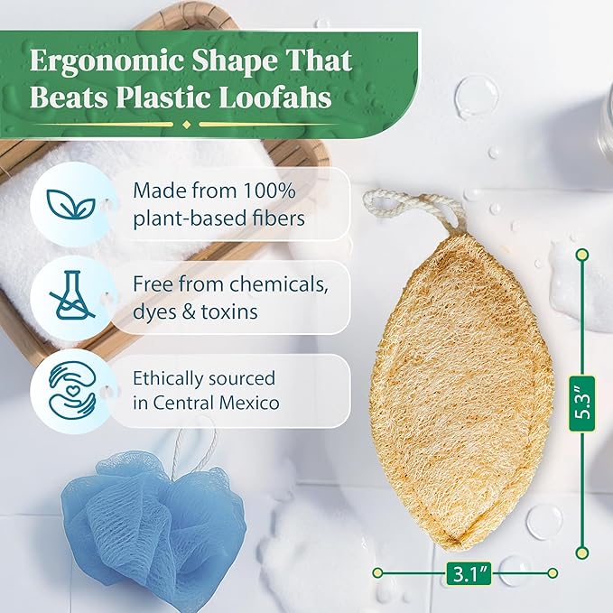 Natural Loofah Exfoliating Sponge (4 Pack) + Natural Loofah Kitchen Sponge (3 Pack) - Loofah Exfoliating Body Scrubber - Natural Sponges for Dishes - Biodegradable Sponges - Compostable Sponges