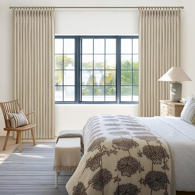 Memory Trained Pinch Pleat Blackout Classroom Curtains 94 Inches Long 2 Panels Set, Natural Linen Dual Layer Insulated Soundproof Farmhouse Window Drapes for Office with Hooks & Rings Energy Efficient