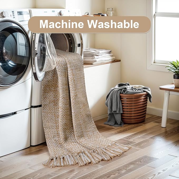Collive Long Hallway Runner Rug 2.6' x 7', Washable Runners Indoor Entryway Rugs, Tan/Cream Braided Woven Kitchen Carpets Low Profile Front Door Floor Mat for Laundry Room Bedroom Doorway