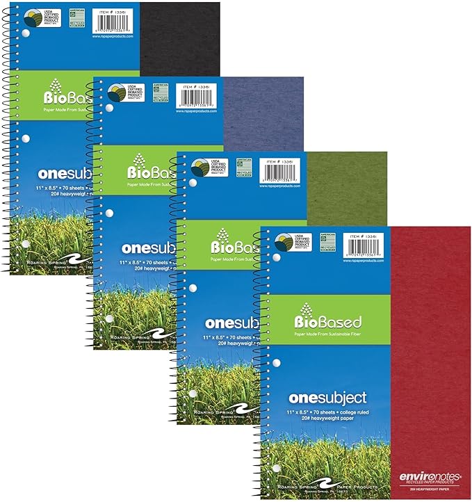 ROARING SPRING Case of 24, Environotes Recycled One Subject Spiral Notebook, Heavyweight College Ruled BioBased Paper, 11" x 8.5" 70 Sheets, Assorted Earthtone Covers
