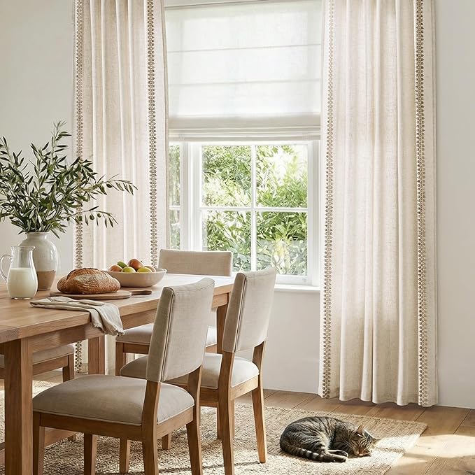 jinchan Beige Linen Blend Curtains with Woven Trim Boho Curtains 84 Inches Length 2 Panels for Living Room Bedroom Light Filtering 50 Inches Wide Rustic Farmhouse Drapes with Rod Pocket Back Tab Ecru