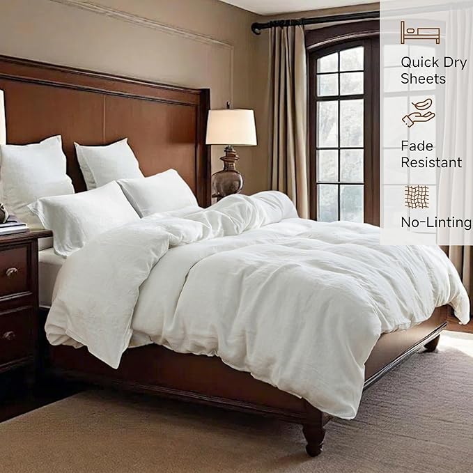100% Linen Duvet Cover Set, 3 PCS Natural French Flax White Duvet Cover Queen Size, Breathable Soft Comfy Linen Bedding Comforter Cover with 2 Pillowcases(White, 88" x 92")