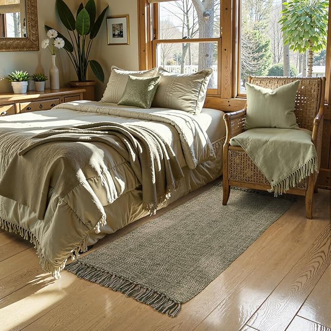 Collive Kitchen Runner Rug 2' x 4.3', Hand-Woven Cotton Reversible Washable Entryway Runner Rug, Natural/Green Farmhouse Bathroom Rug Modern Bedroom Carpet for Laundry Room Front Door Décor