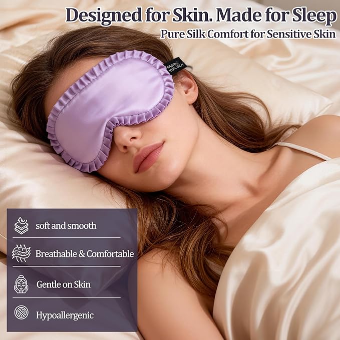 Silk Sleep Mask for Women, 100% Mulberry Silk Eye Mask, All-Silk Filled, Adjustable Elastic Strap with Elegant Wave Trim, Blackout Soft Eye Cover, Travel & Gift (Purple)