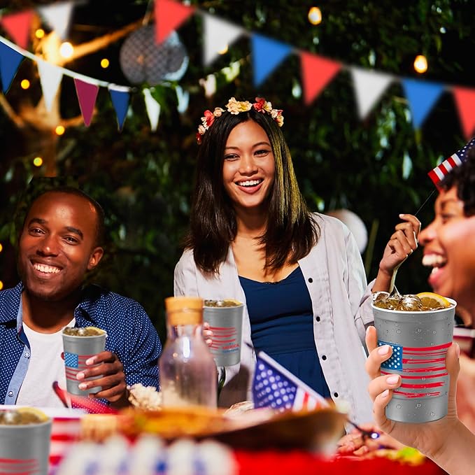 Steel Chill Cups 16 oz. Party Cup America the Beautiful Design for Cold Drinks, Durable, Disposable, Recyclable, Made in USA, Gray, 12 Count