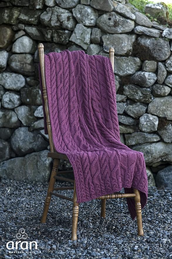 Aran Woollen Mills Irish Cable Knit Blanket Supersoft Merino Wool Throw Made in Ireland 40 inch x 60 inch (Jam Red)