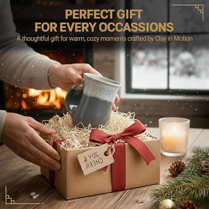Clay in Motion Hand Warmer Coffee Mug – Handmade Coffee Mug With Comfortable Handle Contoured Pocket Hand Warming Ceramic Coffee Mug – Proudly Made in USA – Left Handed – 14 Oz - Snowcap
