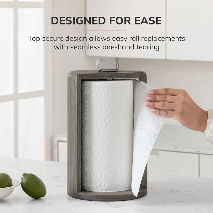 Anji Mountain Wooden Paper Towel Holder with Iron Holder, Holder Stand for Kitchen Roll Organizer & Kitchen Dining Table Home Décor, Countertop Fits Jumbo & Mega Rolls - Greige/Nickel, Top Load