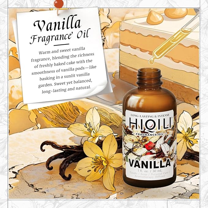 HIQILI Vanilla Fragrance Oil for Body Spray - 1 Fl Oz | Vanilla Oleoresin Scent, Diffuser Use, Essential Oil for Candle, Soap, and Women Perfume Making