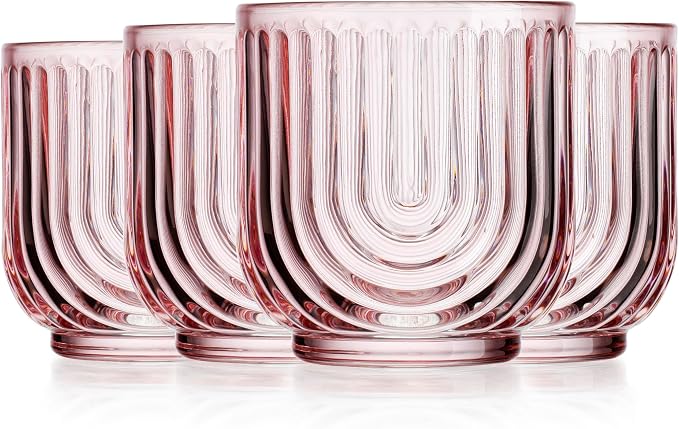Glaver's Vintage Glassware Art Deco Glasse Ribbed Drinking Glasses U-Shape Arch Design Colored Cocktail Kitchen Tumblers Everyday Dinner Decorative Party HandWash Only (Pink S/4 11oz)