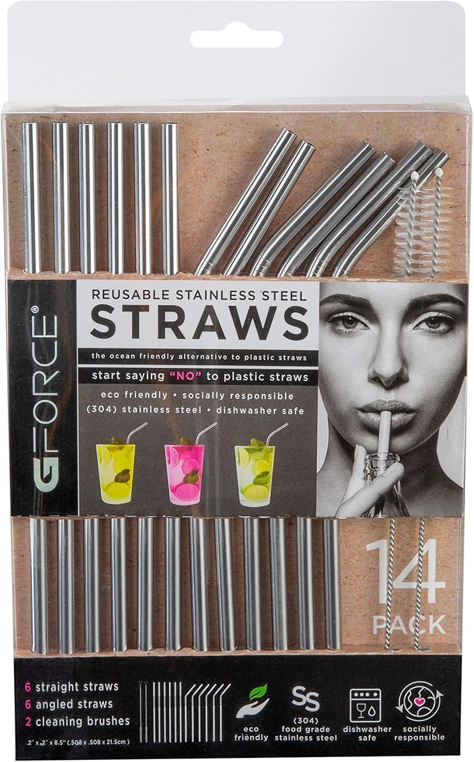 G FORCE Eco-Friendly Reusable Stainless Steel 14 Pack Set, Including 6 Straight, 6 Angled Straws, 2 Cleaning Brushes, Standard, Silver (28551-SS)