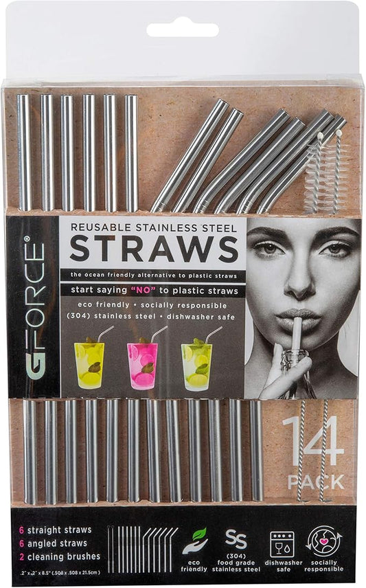 G FORCE Eco-Friendly Reusable Stainless Steel 14 Pack Set, Including 6 Straight, 6 Angled Straws, 2 Cleaning Brushes, Standard, Silver (28551-SS)