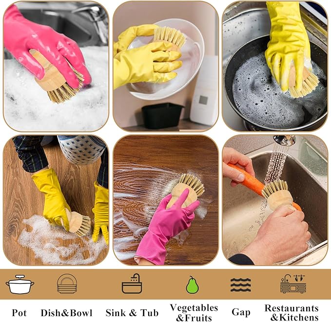 8 Packs Bamboo Dish Scrub Brushes Natural Palm Wooden Scrubbers Set Kitchen Dishwashing Scrubber with Natural Sisal Bristles for Iron Pot Pan Sink (Round)