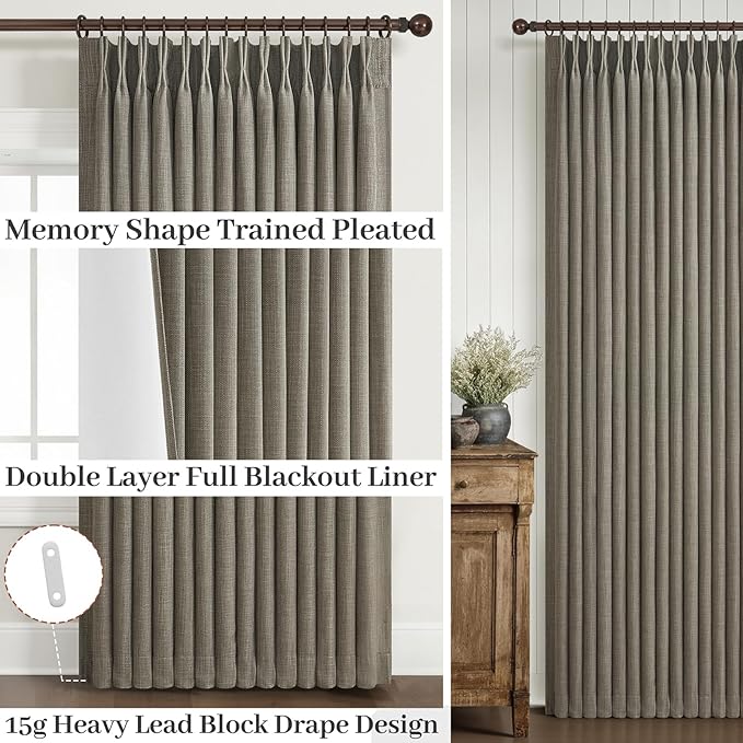Sepia Ebony Double Layer Linen Blackout Living Room Curtains 102 Inches Long 2 Panels Set, Memory Trained Pinch Pleated Insulated Soundproof Custom Bedroom Windows Drapes 8-1/2 FT Length Luxury Decor