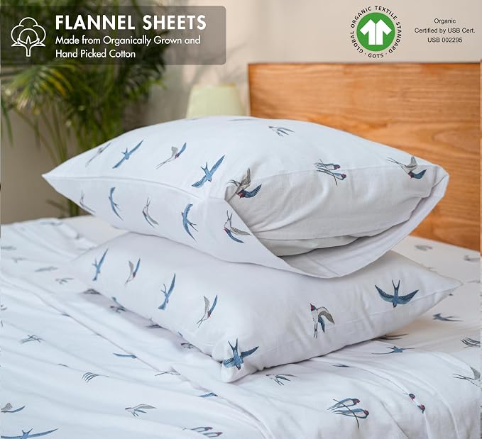 RUVANTI Flannel Sheets Queen Size - GOTS Certified 100% Organic Cotton, 4 Piece Warm, Soft & Breathable Set, Deep Pocket Snug Fit, Double Brushed Cozy All Season Bedding, Whispering Wings