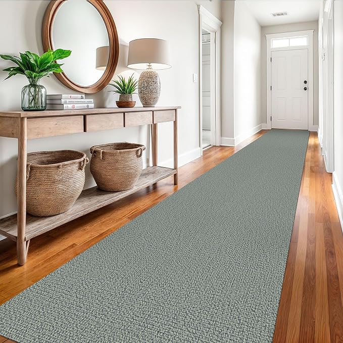 EARTHALL Extra Long Runner Rug 3x18 Ft Washable Runners for Hallways Cotton Non Slip Entryway Runner Braided Kitchen Runner Indoor Outdoor Carpet Runners for Hotels, Officel, Stair, Green/Grey