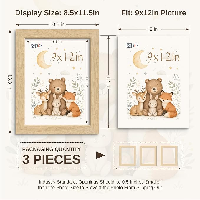 VCK 9x12 Picture Frame 3 Pack - Natural Solid Wood Beige Photo Frame, Exclusive Wood Grain, Table Display or Wall Hanging