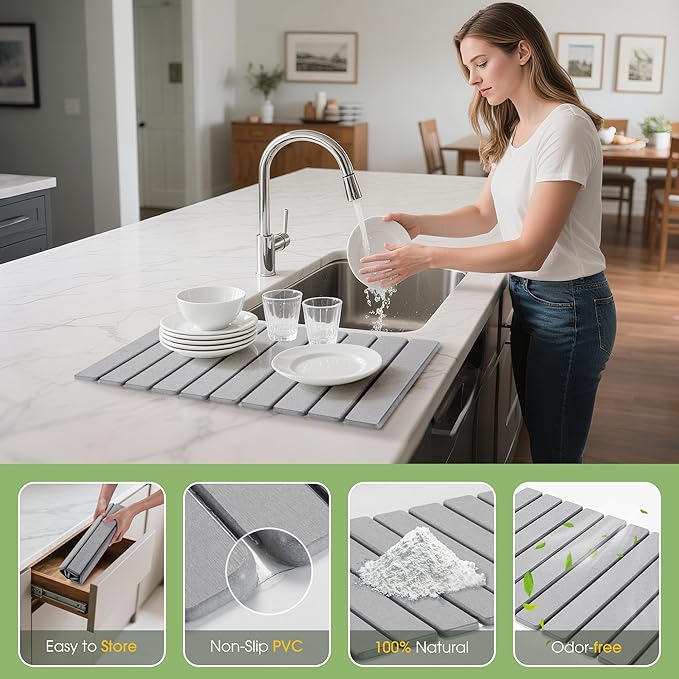 HABUTWAY Large Stone Dish Drying Mat for Kitchen Counter – 24"×16" Collapsible Diatomaceous Earth Mat, Ultra Absorbent & Quick Dry, Foldable Drying Pad for Dishes, Bottles, Cups (Light Grey)