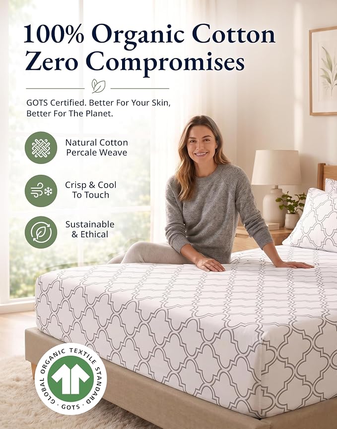 LANE LINEN Twin XL Fitted Sheet, 100% Organic Cotton 2-Piece Set (1 Fitted Sheet,1 Pillowcase),Percale Weave,Bottom Sheet, Soft, Breathable,Fits Mattress Upto 15" Deep - Trellis Silver(No Flat Sheet)
