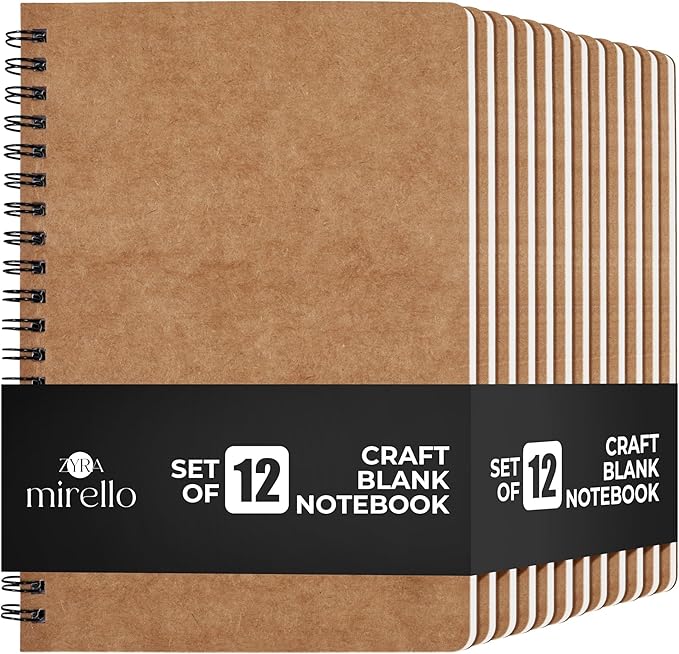 Spiral Kraft Notebooks 5.8” x 8.3”, Set of 12 College Ruled Journals, Thick Paper Writing Notebooks with Brown Cover for School, Office & Travel,60 Sheets Each(120pages)
