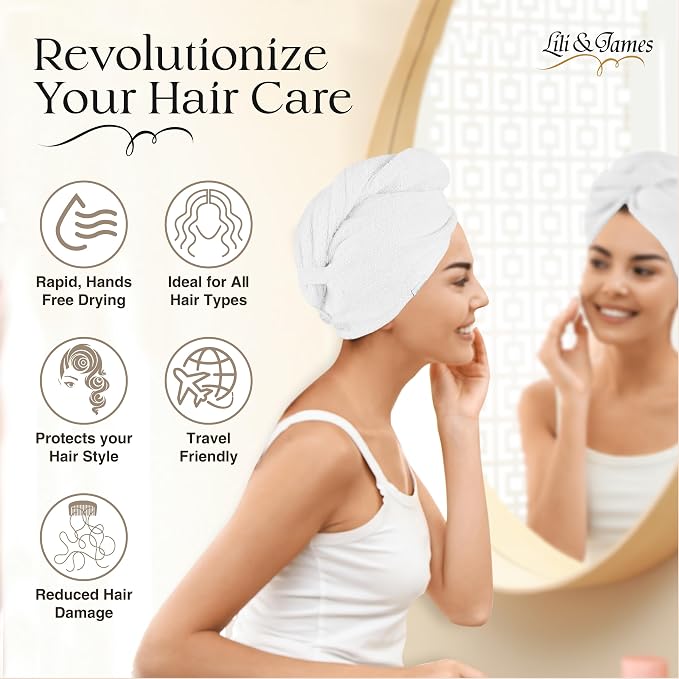 Lili&James 100% Cotton Hair Towel Wrap for Women & Kids – 420 GSM Quick Dry Hair Turban with Double Button Loop, Anti Frizz Non Microfiber Hair Drying Towel for Curly, Long & Thick Hair (White+Grey)