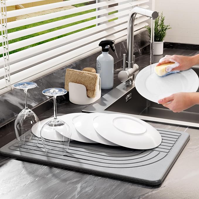 2-Pack Stone Dish Drying Mat for Kitchen Counter, Diatomaceous Earth Drying Mat Pad, 15.8"x11.8" Super Absorbent Drying Stone, Quick Dry, Heat Resistant, Odorless (Dark Gray)