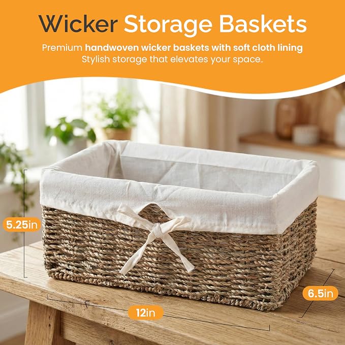 Vintiquewise Wicker Basket with White Lining, Seagrass Small Empty Gift Basket, Cute Wicker Basket for Gifts, Shelf or Toilet Tank Organizer