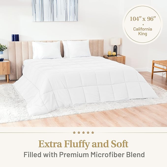 Down Alternative Comforter California King Size - Extra Fluffy Duvet Insert - Thick Puffy Premium All Season Winter - Luxury Breathable Hotel Cooling Comforter - California King, White, 104x96 inches