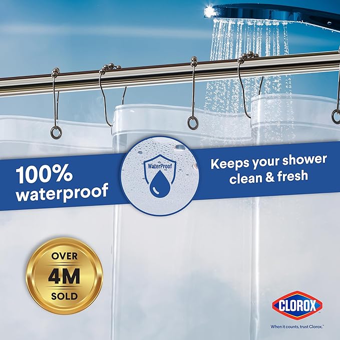 Clorox Shower Curtain Liner, Premium Medium-Weight Durable Waterproof 6g PEVA for Bathroom with Weighted Magnets, Standard Size 72" x 72", Clear 1 Pack