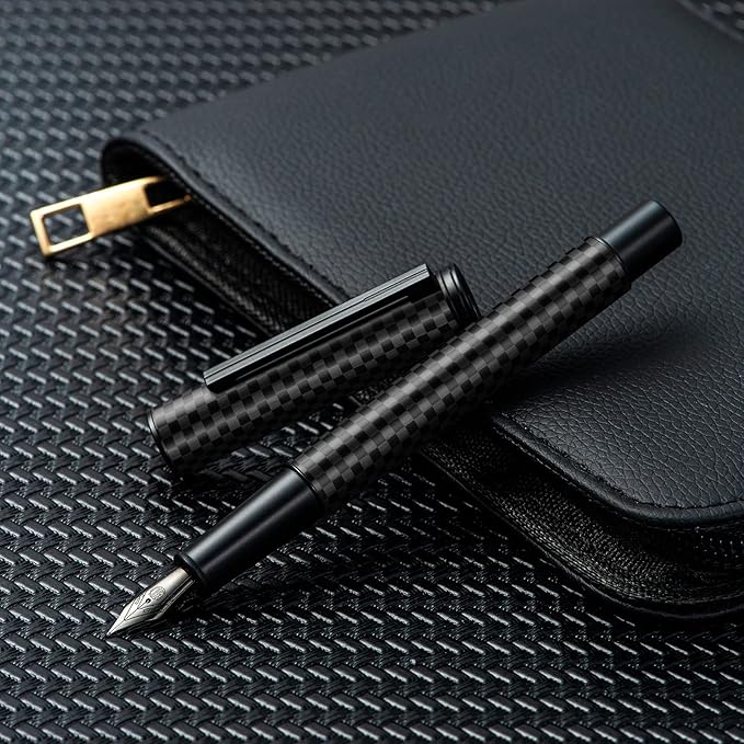 HONG DIAN Black Forest Pro Carbon Fiber Fountain Pen, Extra Fine Nib Modern Design Smooth Writing Pen with Converter and Metal Pen Case Set