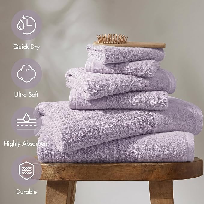 Madison Park Spa Waffle 100% Cotton Luxurious Towel Set, Premium Texture Waffle Weave, Highly Absorbent, Quick Dry, Hotel & Spa Quality Wash Clothes for Bathroom, Assorted Sizes, Lilac 6 Piece