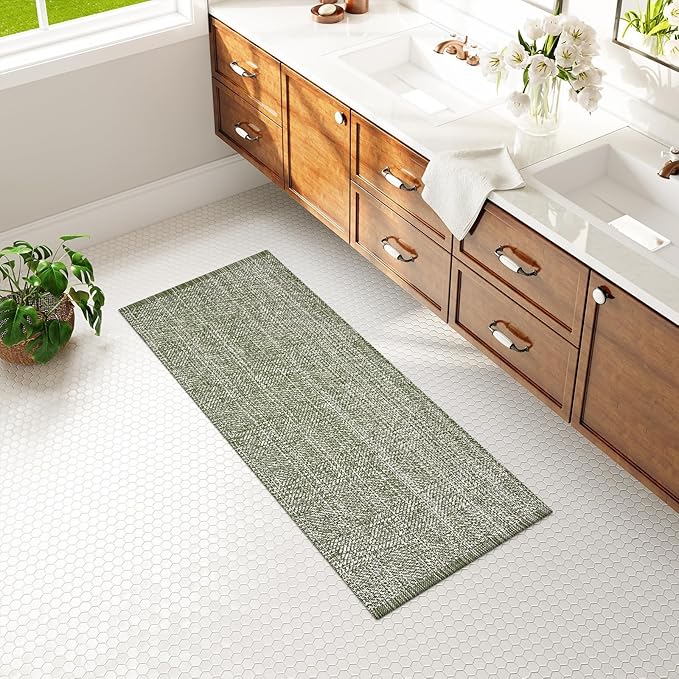 LEEVAN Washable Runner Rug 2'x5', Green Hallway Runner Rug, Hand-Woven Reversible Entryway Rug, Cotton Modern Bedroom Rugs, Farmhouse Bathroom Rugs, Soft Laundry Room Mat, Long Carpet Sink Foyer
