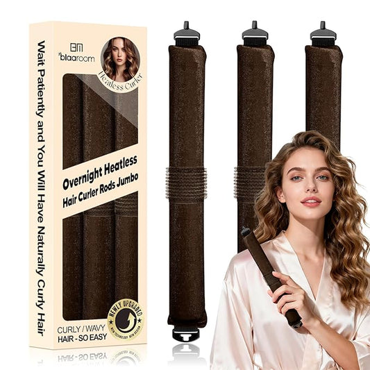 BLAAROOM Overnight Heatless Hair Curler Satin Jumbo Flexi Overnight Curls Blowout Rods 3pcs No-Heat Styling Tools Curling Rod To Sleep In for All Hair Types - Brown