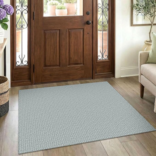 EARTHALL Washable Area Rug 3x4 Ft Non Slip Rugs for Entryway Braided Rubber Backed Throw Rugs Door Mat Indoor Outdoor Entrance Cotton Woven Rug for Kitchen Foyer Front Door Living Room, Turquoise/Gray