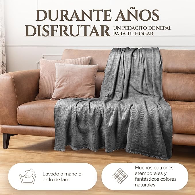 Cashmere Blanket – Hand Woven 100% Pure Wool Throw Blanket, 135 x 270 cm – Fine Herringbone Pattern Cozy, and Soft Blanket for Bed, Sofa, or Couch - Made in Nepal