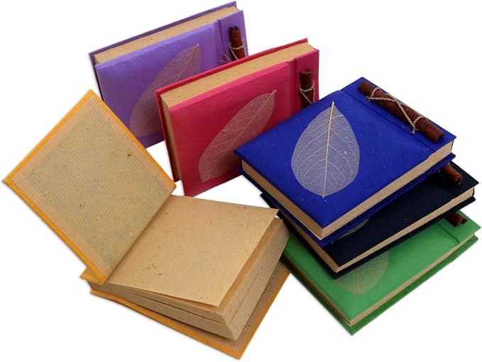 NOVICA Purple Pink Green Yellow Recycled Natural Fiber Notebooks With Rice Paper, 'Happy Leaf' (Set Of 6)
