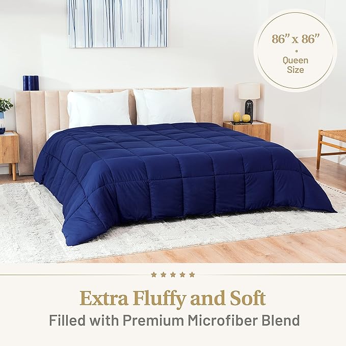 Lavish Comforts® Navy Blue Comforter – Fluffy Down Alternative Dark Blue Comforter, All-Season Queen Duvet Insert, Hypoallergenic, Machine Washable with Corner Loops