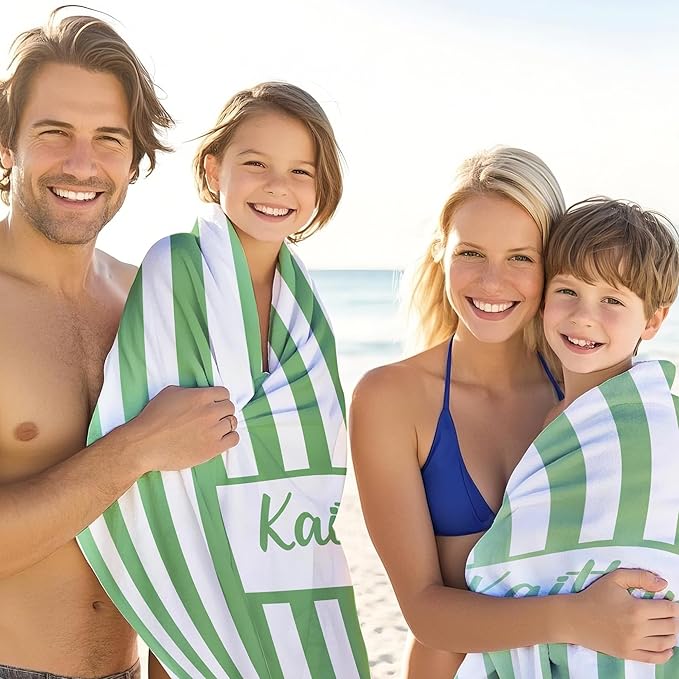 JML Personalized Beach Towel with Name, Custom Cabana Stripe Beach Towel, Customized Microfiber Pool Towel, Quick Dry & Absorbent Swim Towel for Adult,Anniversary, Birthday, Summer Holiday,Vacation