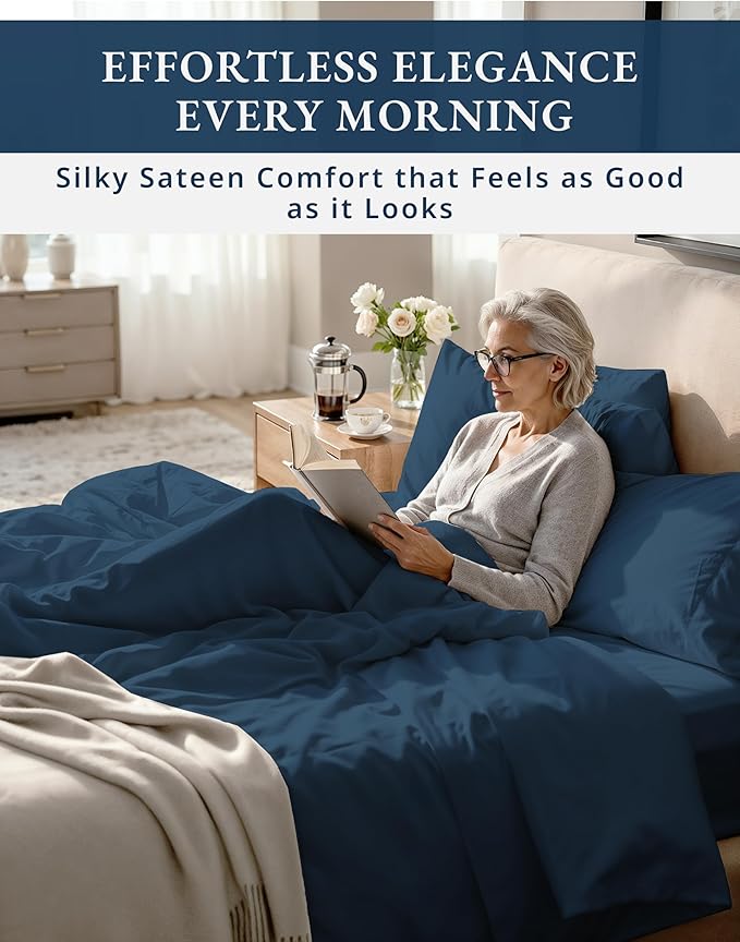 LANE LINEN 100% Cotton Split King Sheets for Adjustable Beds - 1000 Thread Count, Long Staple Mercerized Bedding Sheets, Luxury Hotel Like Thick 15" Deep Pocket Reinforced French Seams - Estate Blue