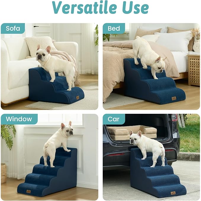 COZY KISS Wide Dog Stairs for Small Dog 19.7" H, Pet Step for Puppy, Older Cat, Curved Ramp for Bed, Durable Anti-Slip Ladder with High Density Foam, 4 Step, 17.7x28x19.7 inch, Navy Blue