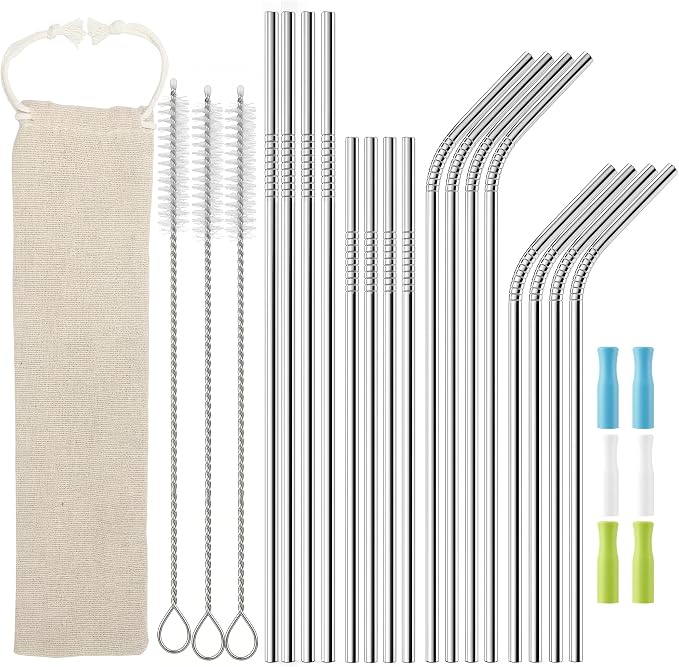16 Pack Reusable Stainless Steel Metal Straws for 20-30 oz Tumblers, Comes with 6 Silicone Tips, 3 Cleaning Brushes & Storage Pouch, BPA Free Drinking Straws