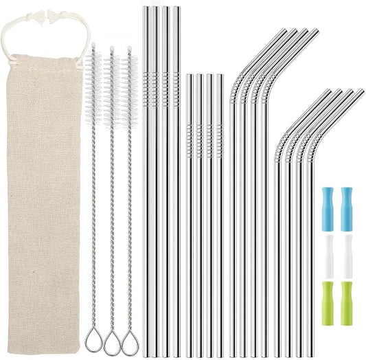 16 Pack Reusable Stainless Steel Metal Straws for 20-30 oz Tumblers, Comes with 6 Silicone Tips, 3 Cleaning Brushes & Storage Pouch, BPA Free Drinking Straws