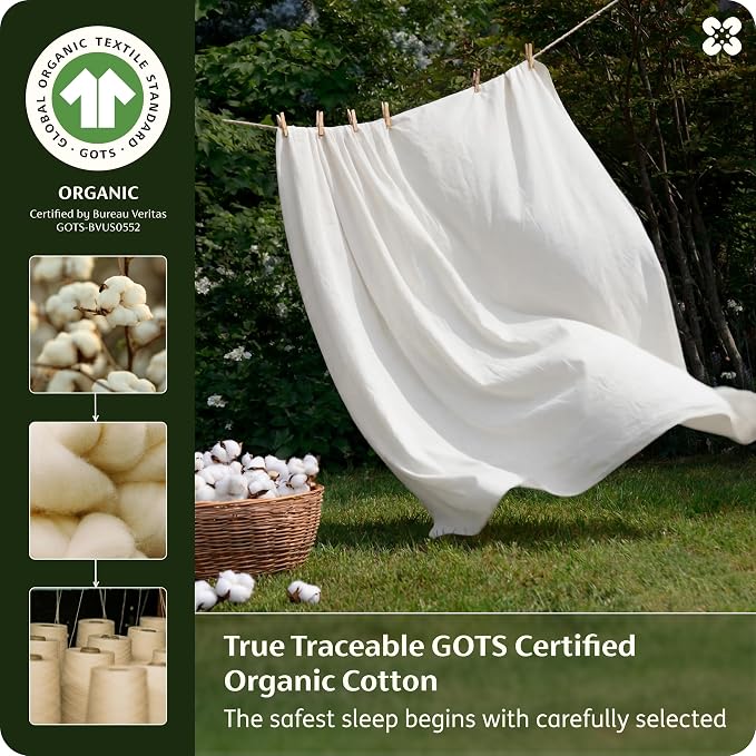 Bedsure 100% GOTS Certified Organic Cotton Sheets, Queen Sheet Set, 17" Deep Pocket Bedsheets with Corner Straps, Eco-Friendly, Soft, Breathable & Luxury PureWoven Cotton Hotel Bedding, 4PCS, White