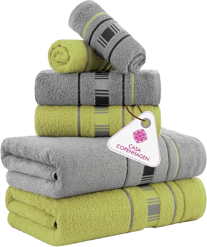 CASA COPENHAGEN X Line 6Pcs 100% Egyptian Cotton Large Designer Towels Gift Set- Silver Grey - Green, 600 GSM, 2Bath 2Hand 2Washcloths, Bath Towels for Bathroom (Gift Set for Women & Men)