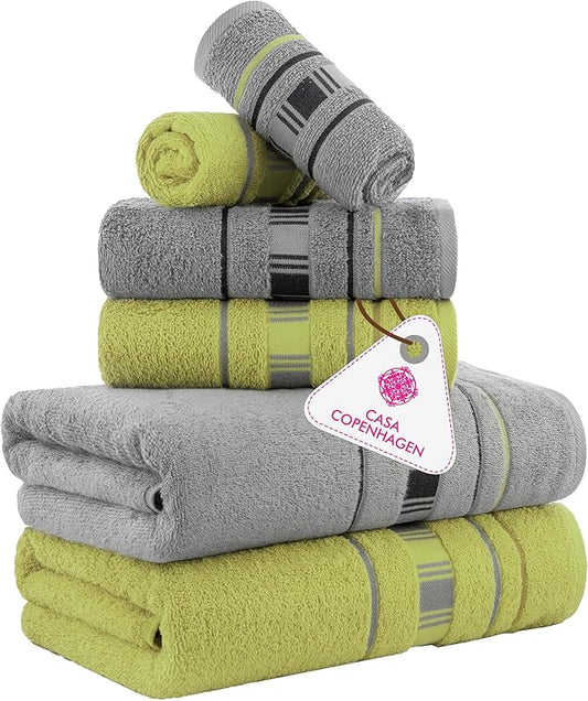 CASA COPENHAGEN X Line 6Pcs 100% Egyptian Cotton Large Designer Towels Gift Set- Silver Grey - Green, 600 GSM, 2Bath 2Hand 2Washcloths, Bath Towels for Bathroom (Gift Set for Women & Men)